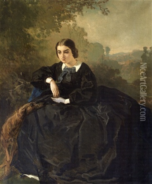 Elegante Et Son Levrier Dans Un Paysage Oil Painting - Alfred De Dreux