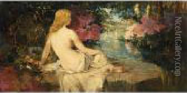 A Seated Female Nude In A Landscape Oil Painting - Hobbe Smith