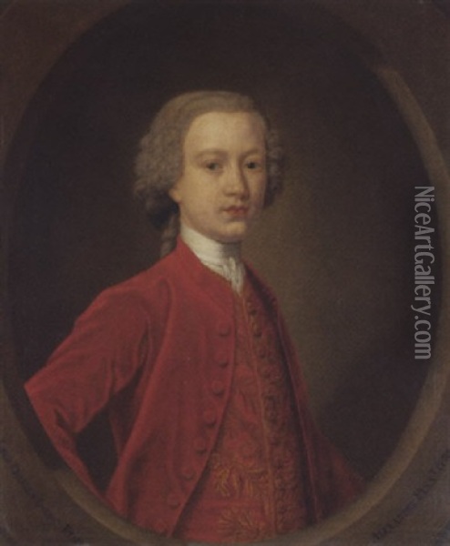 Portrait Of Lord Charles Gordon, Aged 17, In A Red Coat With A Gold-embroidered Waistcoat Oil Painting - John Alexander