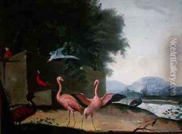 An Assembly of Exotic Birds, Including Flamingoes, Parrots and a Lady Amherst Pheasant Oil Painting - Jan Gerritsz. van Bronckhorst