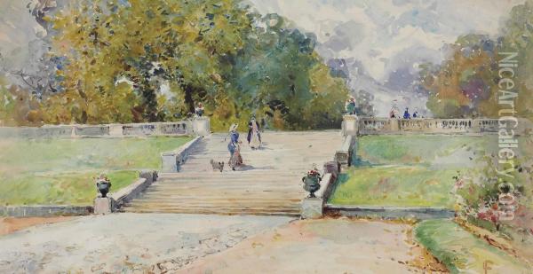 On A Park Terrace Oil Painting - John La Farge