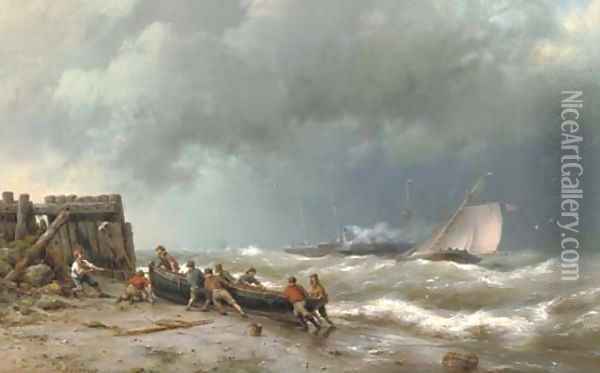Pulling the boat ashore 2 Oil Painting - Hermanus Koekkoek