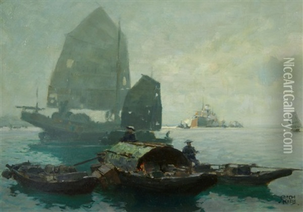 A View Of The Harbour Of Hong Kong Oil Painting - Erich Kips