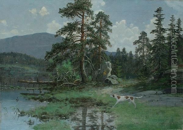 Pointer In A River Landscape Oil Painting - Olaf Nordlien