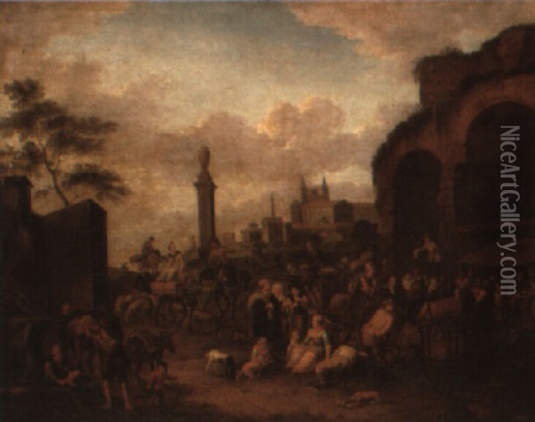 A Market In A Piazza By A Ruined Arch Oil Painting - Peeter van Bredael