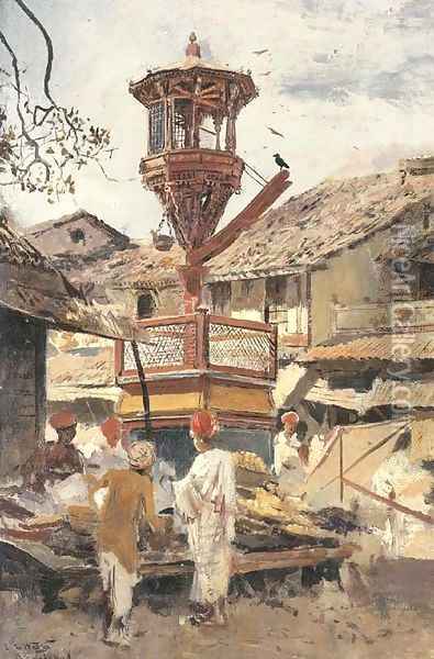 Birdhouse and Market-Ahmedabad, India Oil Painting - Edwin Lord Weeks