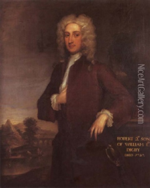 Portrait Of Robert, Second Son Of William, Lord Digby, In A Brown Coat, A Classical Italianate Landscape With Figures By A River Beyond Oil Painting - Charles Jervas