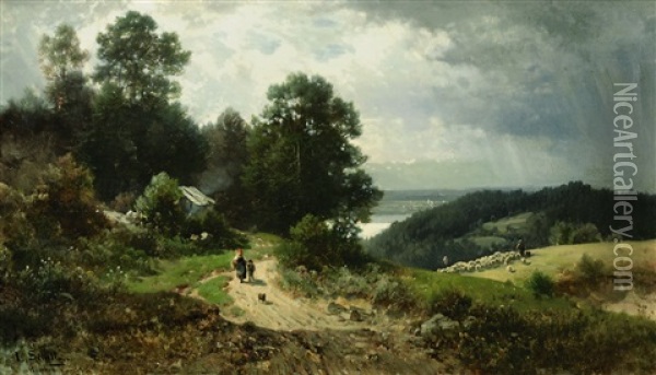 Landschaft Mit Schafherde Und Bauerin Mit Bub Oil Painting - Ludwig Sckell