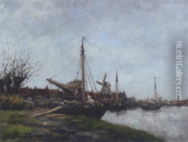 Boats On A Dutch Canal Oil Painting - Hermanus Koekkoek the Younger