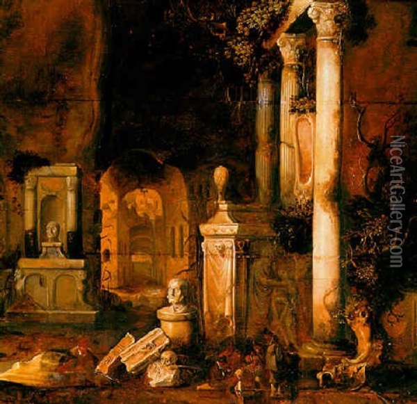 A Capriccio Of Roman Tombs And Architectural Ruins In A Grotto With Beggars Playing Cards At The Foot Of A Column Oil Painting - Charles Cornelisz de Hooch