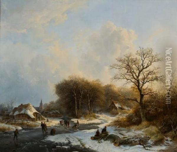 Winterlandschaft Im Sonnenlicht Mit Eislaufern Oil Painting - Barend Cornelis Koekkoek