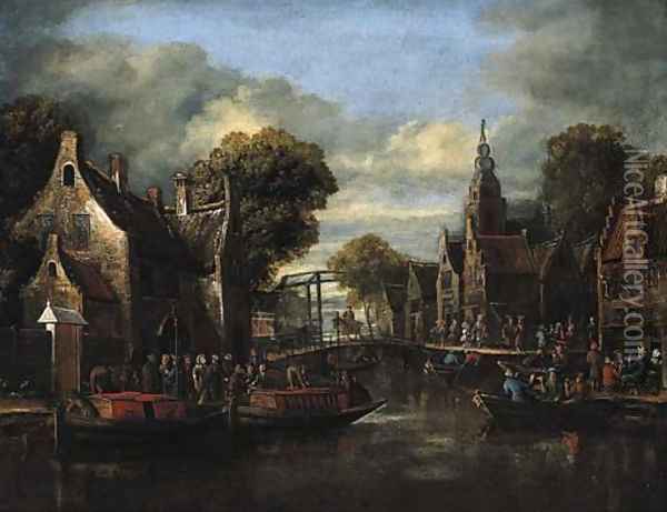 A village by a river with ferries by a bridge and peasants outside an inn Oil Painting - Rutger Verburgh