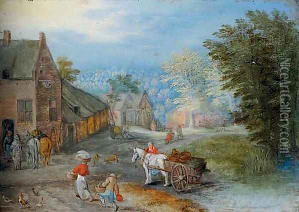 A village street with figures leading a horse and cart Oil Painting - Jan Brueghel the Younger