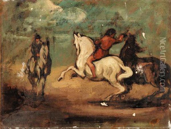 Deux Cavaliers Avec Trois Chevaux Oil Painting - Honore Daumier