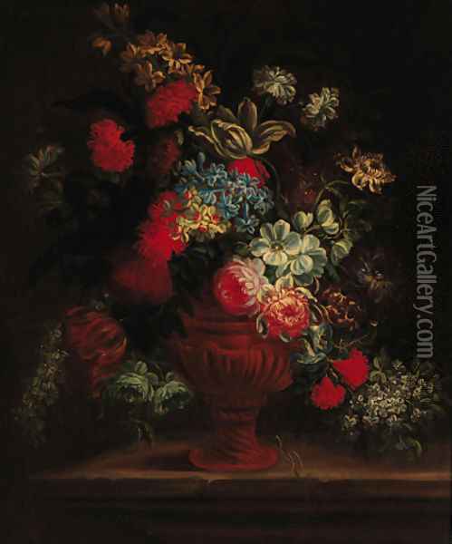 Roses, carnations, peonies, morning glory and other flowers in a sculpted urn on a ledge Oil Painting - Jean-Baptiste Monnoyer