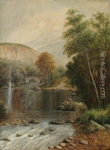 Mountainous River Landscape With Figures Fishing From A Rock In The Foreground Oil Painting - William Henry Mander