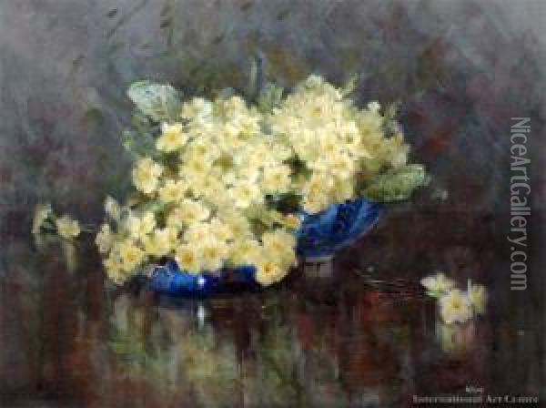 Primulas In A Blue Bowl Oil Painting - Margaret Olrog Stoddart
