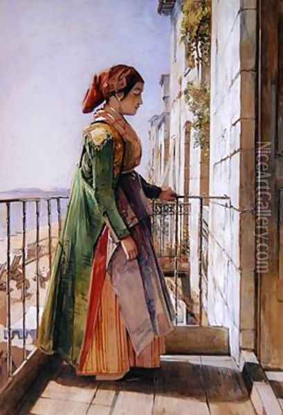 A Greek Girl Standing on a Balcony Oil Painting - John Frederick Lewis