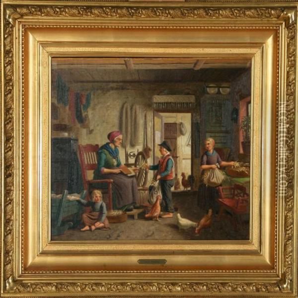 Country Interior Withgrandmother Carding Wool Oil Painting - Peter Johann Raadsig