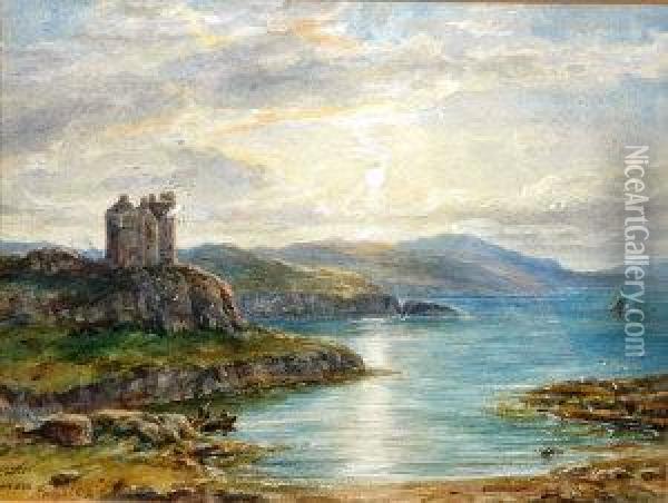Castle Overlooking A Loch Oil Painting - Arthur Perigal