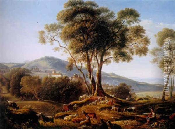 An Extensive Italian Landscape With A Herder And His Flock Of Goats And Sheep In The Foreground With A Town Beyond Oil Painting - Michelangelo Pacetti