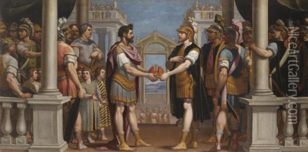 The Reconciliation Between Romulus And Titus Tatius, King Of The Sabines Oil Painting - Bernardo Castello