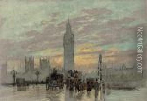 Omnibuses On Westminster Bridge Before Big Ben At Sunset Oil Painting - Herbert Menzies Marshall