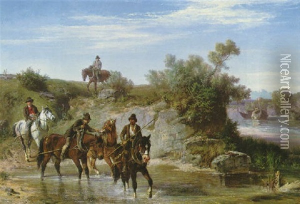 Oberbayerische Flusslandschaft (am Inn?) Mit Treidlern In Der Furt Vorn Oil Painting - Ludwig Hartmann