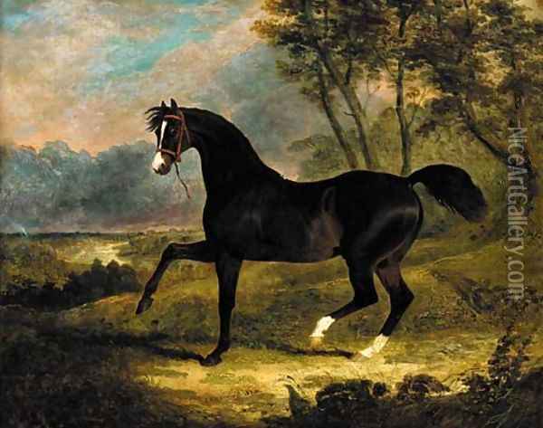 Camel, a dark bay racehorse in a landscape Oil Painting - John Frederick Herring Snr