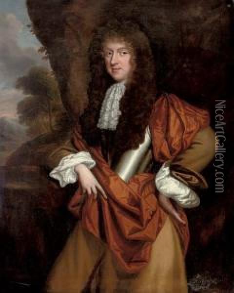 Portrait Of A Gentleman, 
Three-quarter-length, In A Breast-plate And White Ruff, Yellow Mantle 
And Orange Wrap, In A Landscape Oil Painting - John Riley