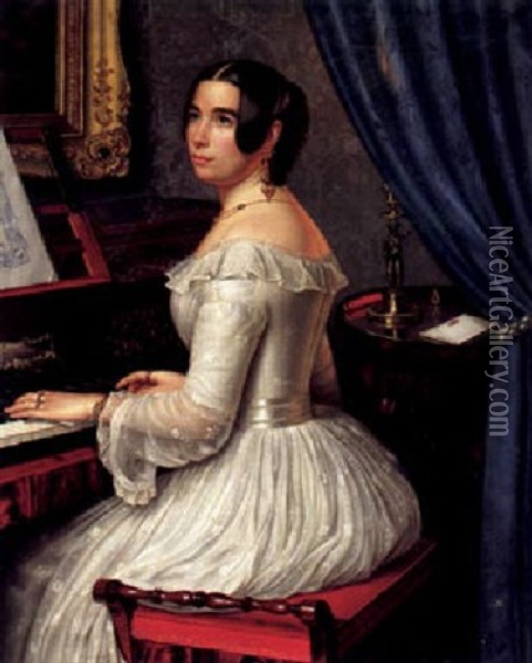 Portrait Einer Vornehmen Jungen Dame, Am Klavier Sitzend Oil Painting - August Wilhelm Wedeking