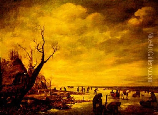 A Winter Landscape With Figures On A Frozen River Oil Painting - Aert van der Neer