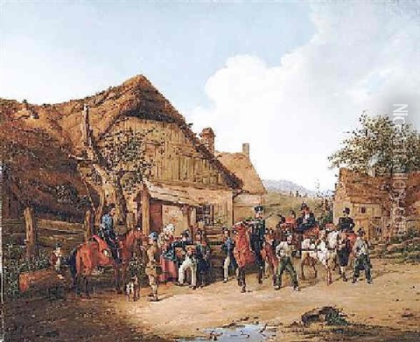 Soldaten Im Dorf. Russische Und Polnische Kavallerie Durchziehen Ein Dorf Oil Painting - Karl Wilhelm Von Heideck