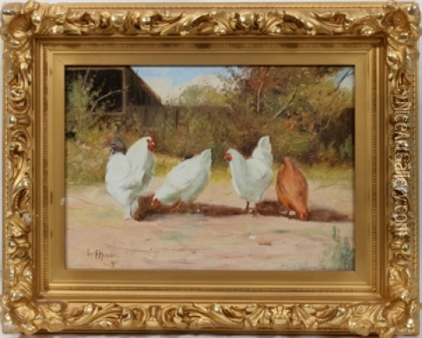 Four Chickens In A Farmyard Oil Painting - Paul Harney Jr.