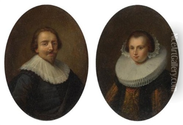 Portrait Of A Man; Portrait Of A Woman (pair) Oil Painting - Hendrick Gerritsz. Pot