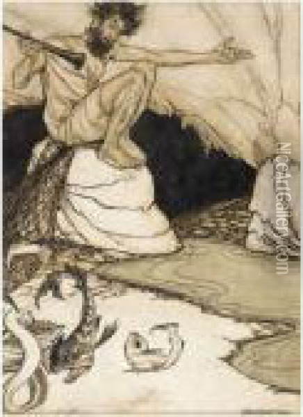 The Piper And The Fishes (a Story From Herodotos) Oil Painting - Arthur Rackham