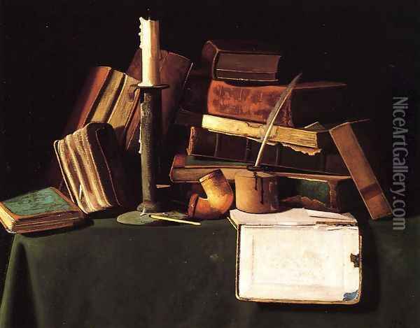 Still Life with Candle, Pipe and Books Oil Painting - John Frederick Peto