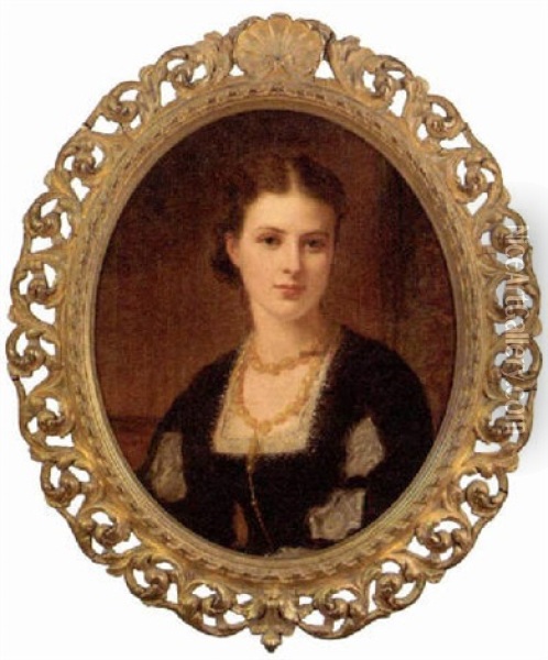 Portrait Of Mrs. Benjamin Charles Stephenson In A Black Dress With Lace Trim And Amber Necklace Oil Painting - Kate Perugini