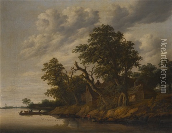 River Landscape With Fishing Boats And A House On The Bank Oil Painting - Cornelis Gerritsz Decker