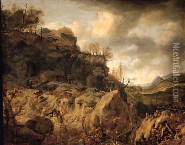 An extensive mountainous landscape with a huntsman and travellers on a path beyond Oil Painting - Jan Looten