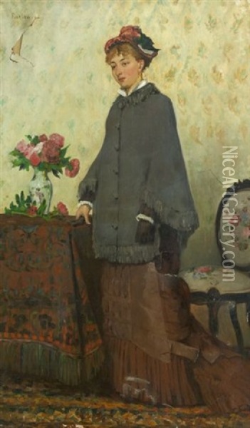 Portrait D'elegante Au Chapeau Rose Oil Painting - Georges Petit-Wery
