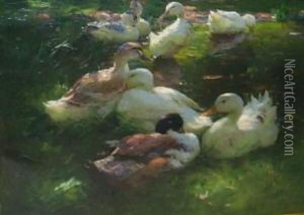 Acht Enten Am Ufer Eineteiches. Unten Rechts Signiert A. Koester Oil Painting - Alexander Max Koester