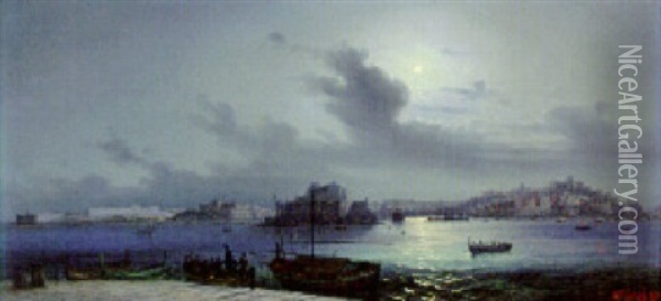 Valetta Harbour, Malta, By Moonlight Oil Painting - Guglielmo Ciardi