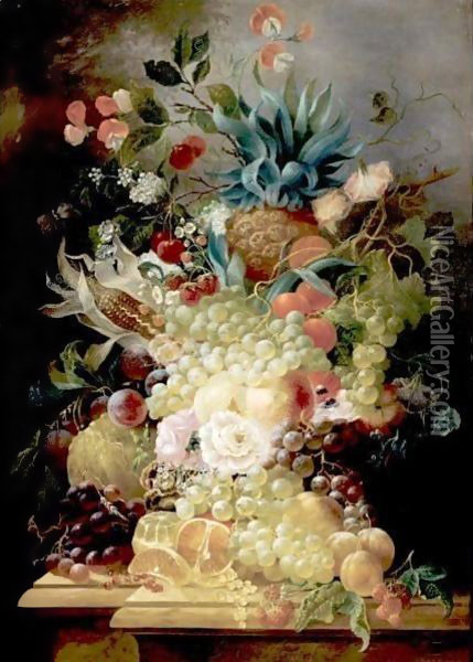 Still Life Of Various Fruits And Flowers On A Ledge Including A Pineapple And An Ear Of Corn Oil Painting - Jan Evert Morel