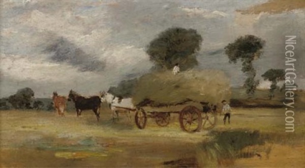 Hay Making (+ A Horse Study, Verso) Oil Painting - Arthur James Stark