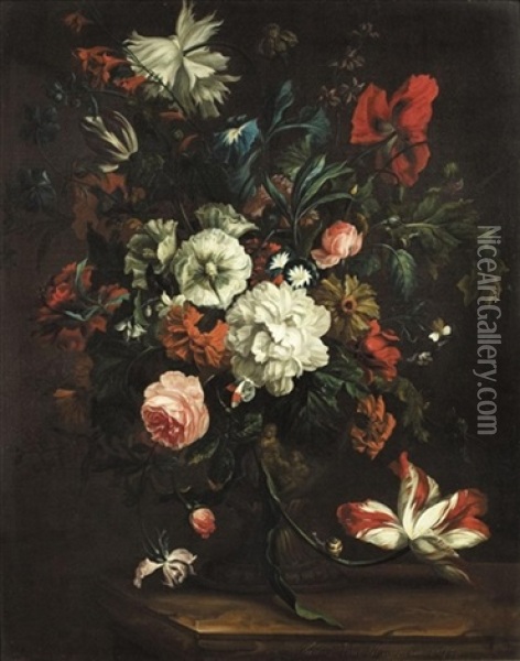 Still Life Of Roses, Peonies, Morning Glory And Other Flowers In A Sculpted Urn On A Stone Ledge Oil Painting - Justus van Huysum the Elder