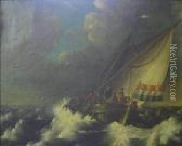 Dutch Ship On Stormy Seas Oil Painting - Ludolf Backhuysen