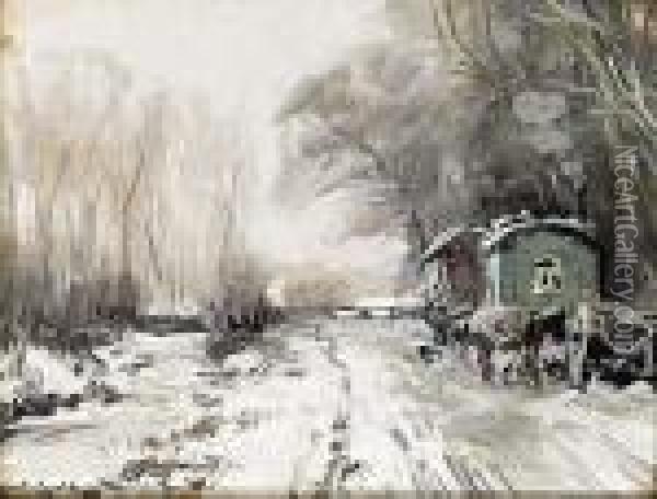 Winter Landscape With Horses And Wagons Along A Road Oil Painting - Louis Apol