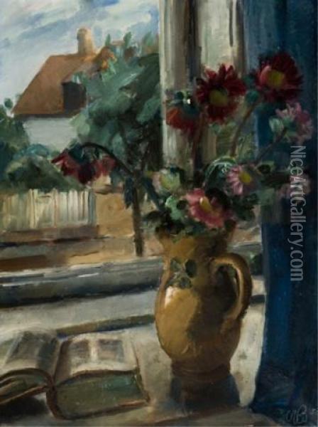 Open Book Next To Vase With Red Flowers Oil Painting - Willy Bille