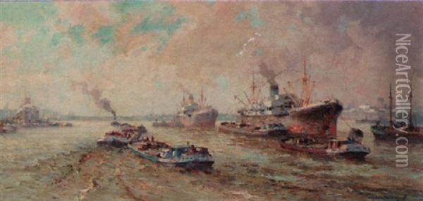 View Of The Rotterdam Harbour Oil Painting - Gerard Delfgaauw